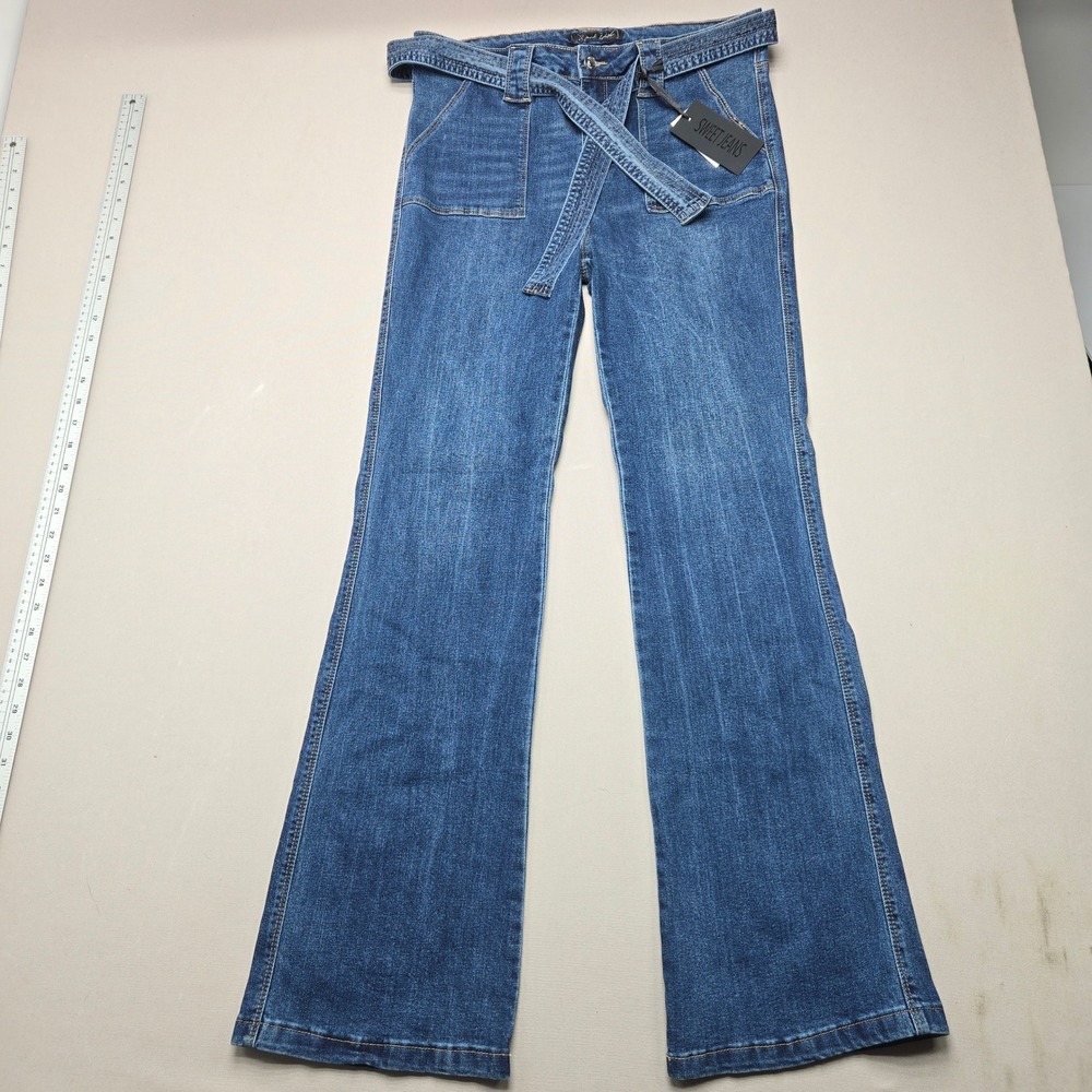 Sweet Jeans Black Label Flare Belted Patch Pocket Blue Denim Womens 13 32.5x34